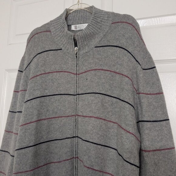 Brunello Cucinelli 60 Cashmere Stripe Sweater Mens Size XXXL Gray Knit Full Zip - Picture 2 of 14